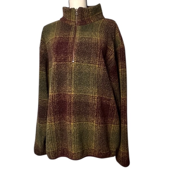 Vintage Nautica Sherpa Fleece Plaid Quarter Zip Pullover Jacket Men’s Large Used - Picture 1 of 7